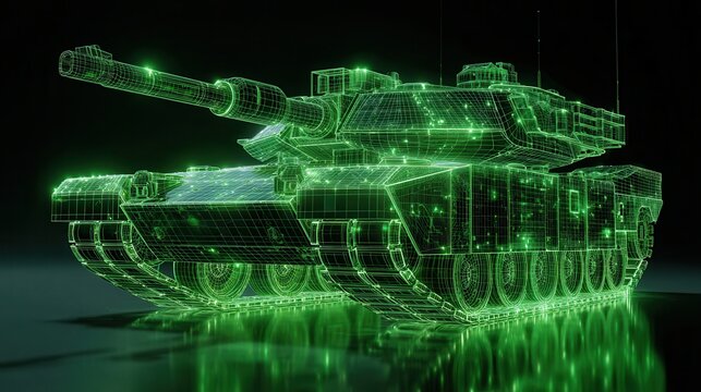 Digital wireframe of a futuristic military tank glowing green on a dark reflective surface - Powered by Adobe