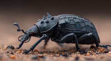 Close-up view of a black weevil insect crawling on sandy ground, showcasing intricate textures and details of its body, emphasizing the beauty of nature's small creatures