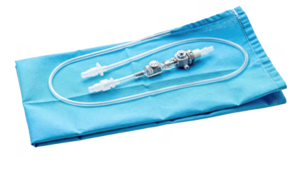 Ventricular catheter valve and distal tubing neatly arranged on a blue surgical drape isolated on white showcasing typical shunt system components for educational display.