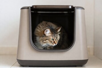 Adorable Tabby Cat Relaxing in Clean Litter Box - Indoor Pet Care and Hygiene for Cute Feline Friends