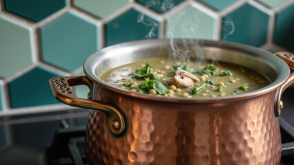Steaming pot of soup with green ingredients, placed on stove against hexagonal tile background. copper pot adds rustic touch to kitchen scene