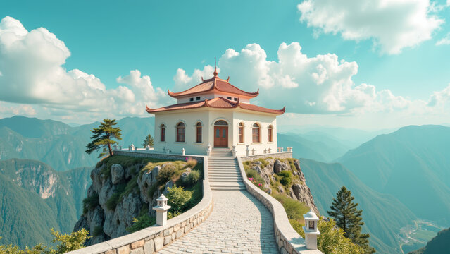 Serene temple perched on mountain peak, surrounded by lush greenery and dramatic clouds, offers breathtaking view of valley below - Powered by Adobe