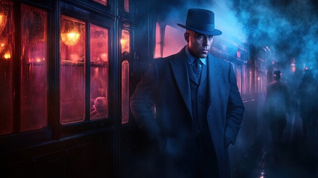 Man in vintage suit at night train station