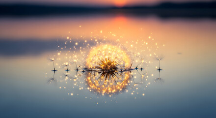 Glowing dandelion seed head floating on calm water surface at su