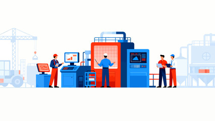 Naklejka premium Industrial workers operating machinery