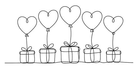 Continuous single line drawing showing heart balloons floating above a row of gift boxes Vector, illustration © RK Drawing Gallery