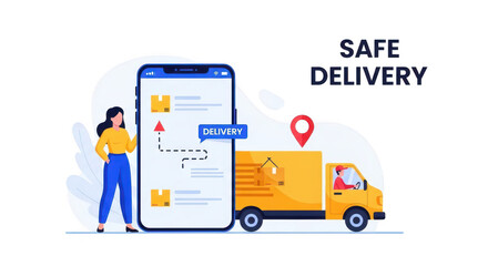 Woman checking delivery status on smartphone with delivery truck illustration isolated on transparent background