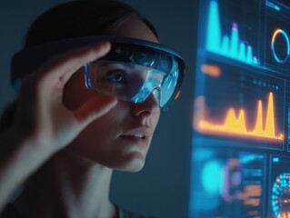 Female professional wearing augmented reality glasses, interacting with digital data visualizations, showcasing advanced technology and innovation in a modern workspace environment