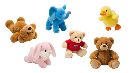 Obraz premium Cute Plush Toys Collection Teddy Bears Rabbit Elephant Duck Isolated on White Background