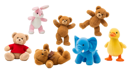 Cute Plush Toys Collection Teddy Bears Rabbit Elephant Duck Isolated on White Background