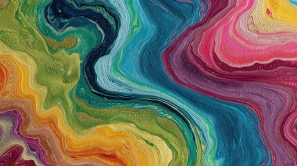 Abstract fluid art background with vibrant swirls of blue, pink, yellow, and green paint featuring golden glitter accents