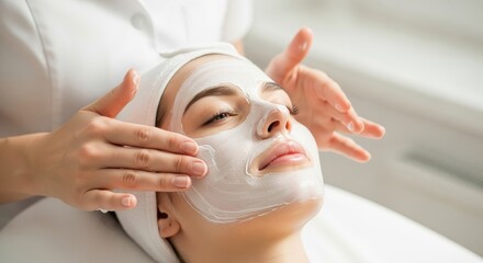 Young woman receiving a facial mask application in a spa