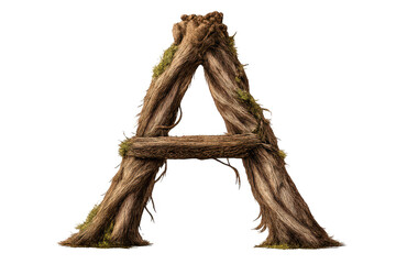 Fototapeta premium Capital letter A made of gnarled tree roots and green moss, isolated on transparent