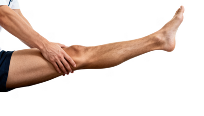 Closeup of physiotherapist handassisted hamstring stretch on client using exercise mat in gym studio isolated on white background medical rehabilitation theme.