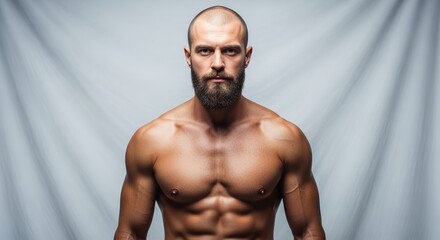 Muscular, bald man with beard in athletic wear, looking directly at camera in studio.