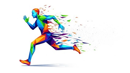 Colorful polygonal runner mid-stride, dissolving into geometric fragments against a white background.