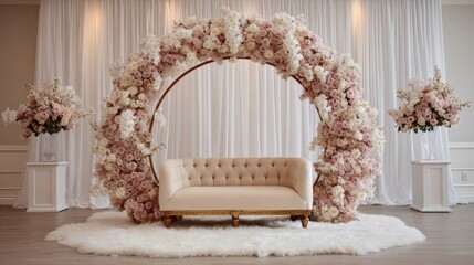 Luxurious Wedding Arch with Floral Decor and Sofa.
