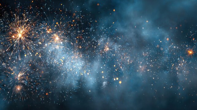 Vibrant golden and blue fireworks explosion with sparks and smoke against a dark night sky - Powered by Adobe
