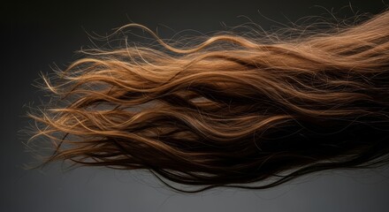 Wavy, light brown hair with blonde highlights flowing and moving against a dark grey backdrop.