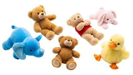 Cute Plush Toys Collection Teddy Bears Rabbit Elephant Duck Isolated on White Background