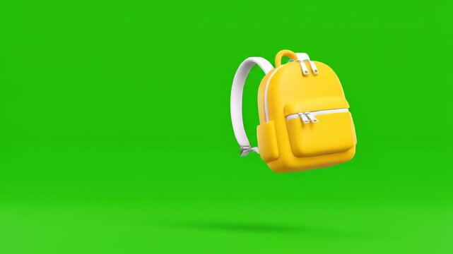 Isolated stylized animation of a bright yellow school backpack bouncing across a keyable uniform green screen background providing easy copy space transition element, marketing asset, preparation