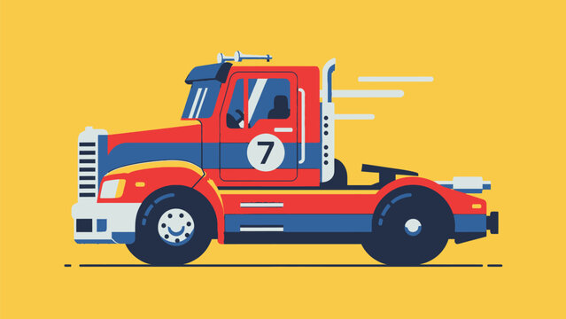 Dynamic Racing Semi-Truck Tractor Unit Illustration. Fast Red and Blue Lorry with Number 7 and Speed Lines on a Vibrant Yellow Background.