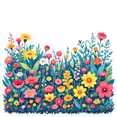 Vsai colorful blooming wildflower meadow border on white background