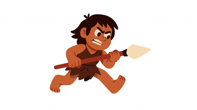 Fierce Ancient Hunter Running with Spear in Animated Cartoon Style for Prehistoric Adventures