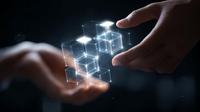 Medium shot capturing hands exchanging smart contracts on a transparent device showcasing blockchains role in providing proof and transparency in buying transactions