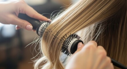 Close-up of a hairdresser styling blonde hair with a round brush in a salon.