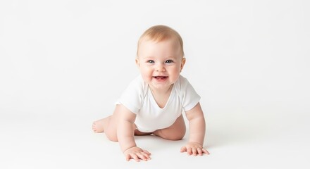 Happy crawling baby in white bodysuit on clean studio background. Joyful infant exploring and playing in a bright, minimalist setting. Pure, innocent, and adorable childhood moment