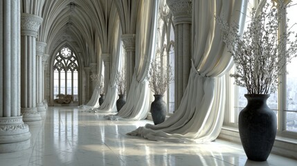 Luxurious White Gothic Hallway with Vases and Flowers.