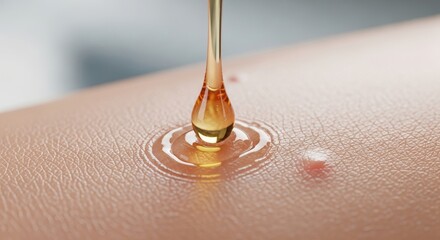 Golden oil droplet falling on human skin texture with ripples