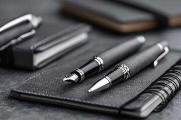 Luxury Black Pens on Leather Notebook.