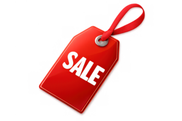 Red sale tag with ribbon on transparent background, offering discount promotion and special offer for retail shopping