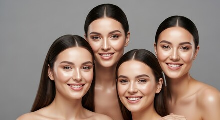 Four young women with flawless skin smiling in a studio