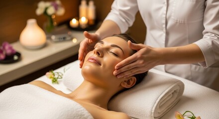 A young woman with closed eyes receives a gentle facial massage from a masseuse in a serene spa setting with soft lighting and floral accents.