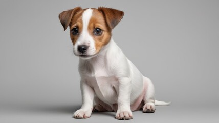 Funny Jack Russell puppy on a gray background