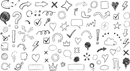 Obraz premium Hand drawn doodle elements collection including arrows hearts stars and speech bubbles.