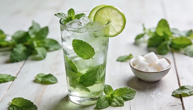 Refreshingly cool mojito drink with fresh mint leaves and lime slices, perfect for summer refreshment, ice.