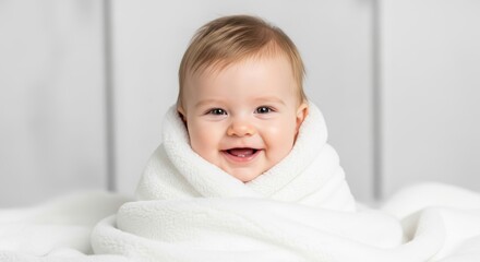 Adorable baby girl wrapped in white plush blanket smiling warmly against a soft grey background.