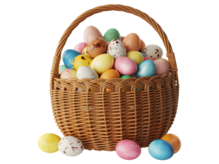 Easter sunday basket full of colorful eggs isolated on transparent background