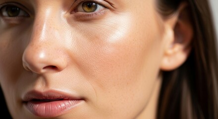 Young woman's face with freckles and glowing skin, close-up profile view against a softly lit background. Woman's natural beauty, skin texture.