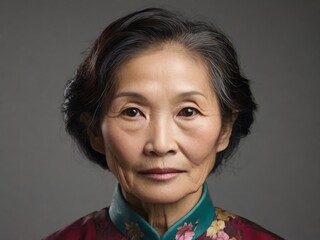 Portrait of a 65 year old elegant woman of Asian appearance on a dark background