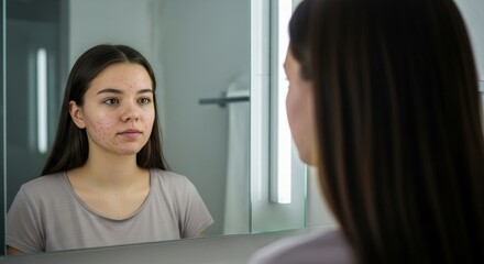 Teenage girl with acne looking at her reflection in a brightly lit bathroom mirror
