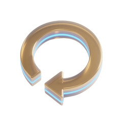 3D rendered gold glass recycle-style circular arrows with blue glow, isolated on transparent background. Elegant glossy icon representing cycle, refresh or rotation concepts.