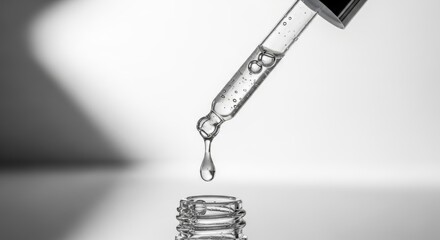 Clear serum dripping from a glass pipette into a glass bottle with textured background.