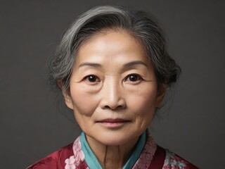 Portrait of a 65 year old elegant woman of Asian appearance on a dark background