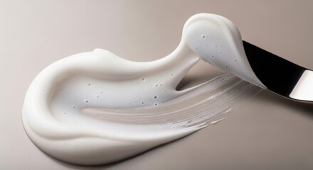 White cream texture swatch being spread by a spatula on a light gray background.