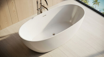 White oval bathtub on light wood floor, near wooden wall and ocean view. Showcase of modern bathroom design, representing luxury and relaxation